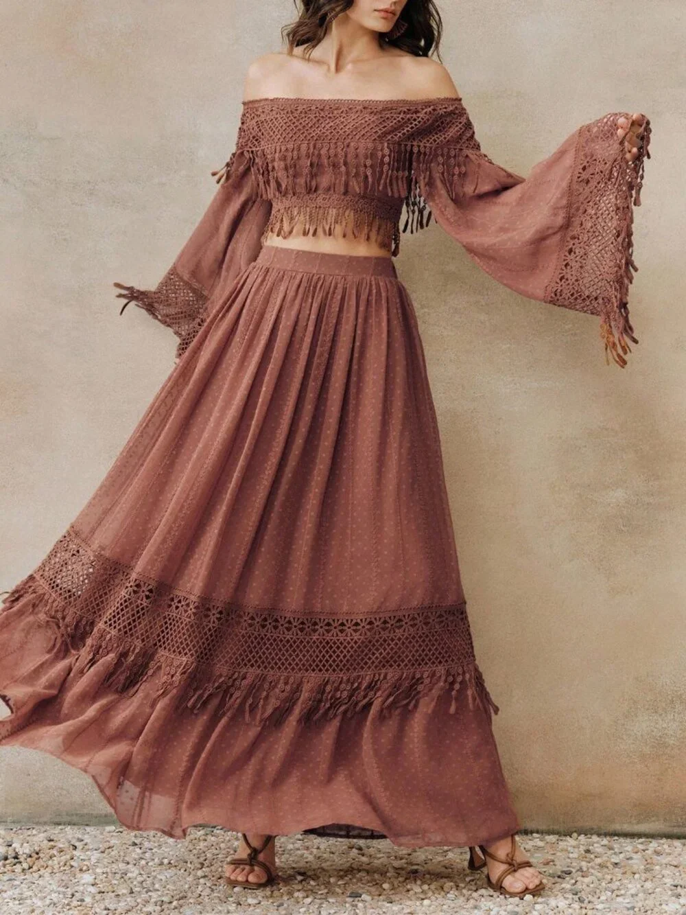 Boho brown Women's Off Shoulder fringe deailed top w/ skirt 2-Piece Set - Picture 5 of 7